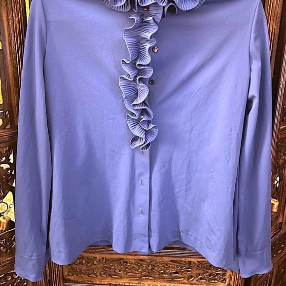 VINTAGE MARDI MODES NEW YORK BLUE BUTTONDOWN BLOUSE WITH FRILLY COLLAR SIZE 16 - Picture 2 of 4